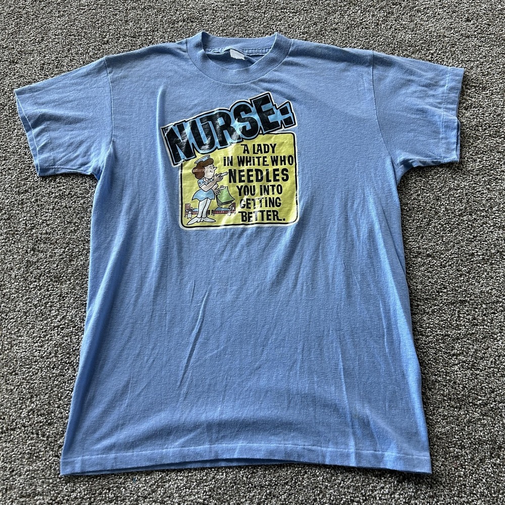 Vintage Nurse Funny Humor Shirt Mens Medium Blue Medical Cartoon Tee T-Shirt
